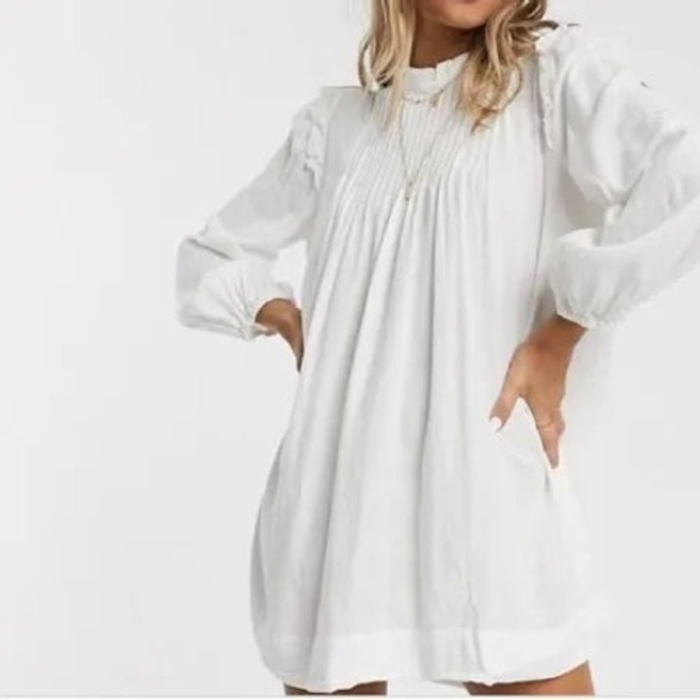 Free People White Linen Pintuck Pleated Ruffle Mini Dress Tunic Linen Blend M